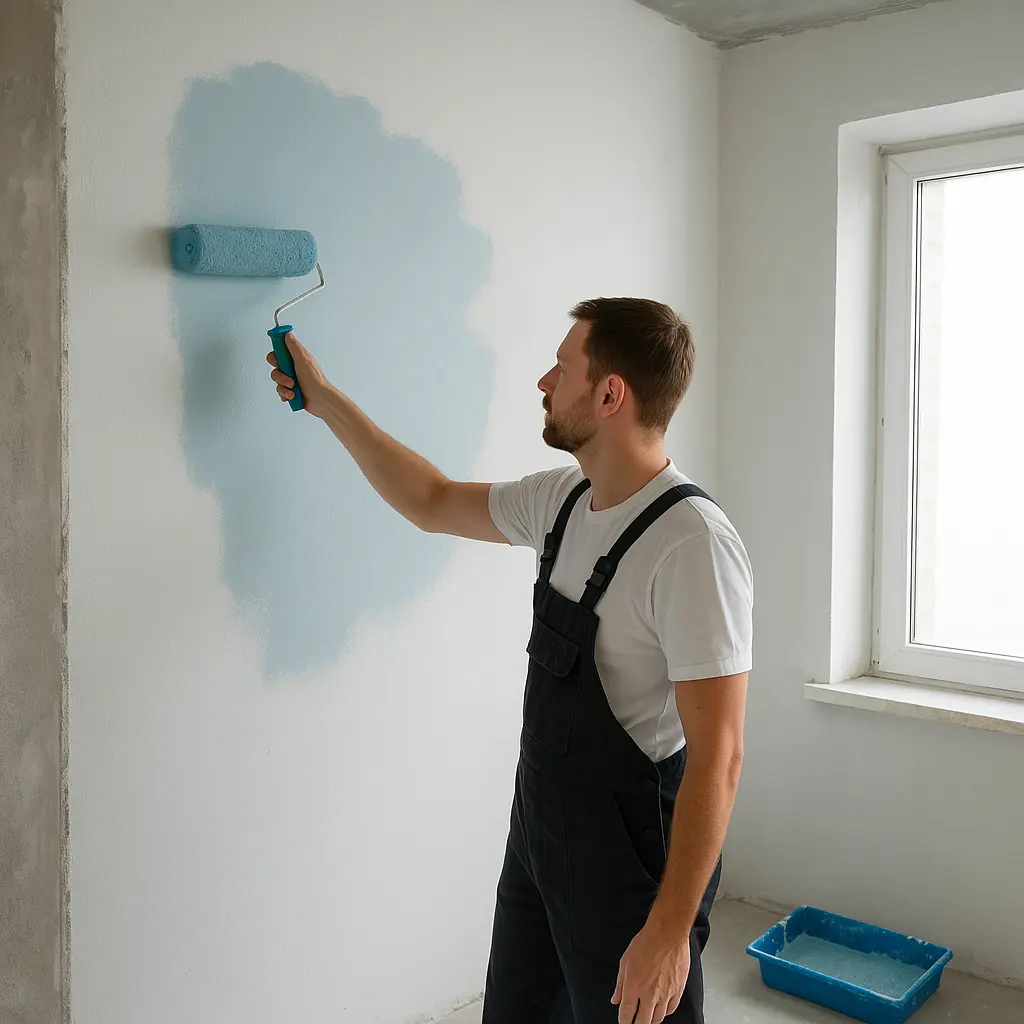 A painter in black overalls and a white t-shirt uses a paint roller to apply light blue paint to a white wall in an unfinished room, with natural light shining through a nearby window.
