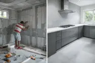 Before-and-after kitchen renovation photo – initial construction phase with tools and materials, final design with grey cabinets, tiled walls, and modern finishes.