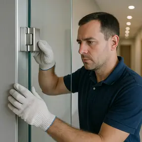 Technician fitting frameless glass door with stainless steel hinges.