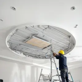 Gypsum ceiling installation with recessed lighting cutouts in living room.